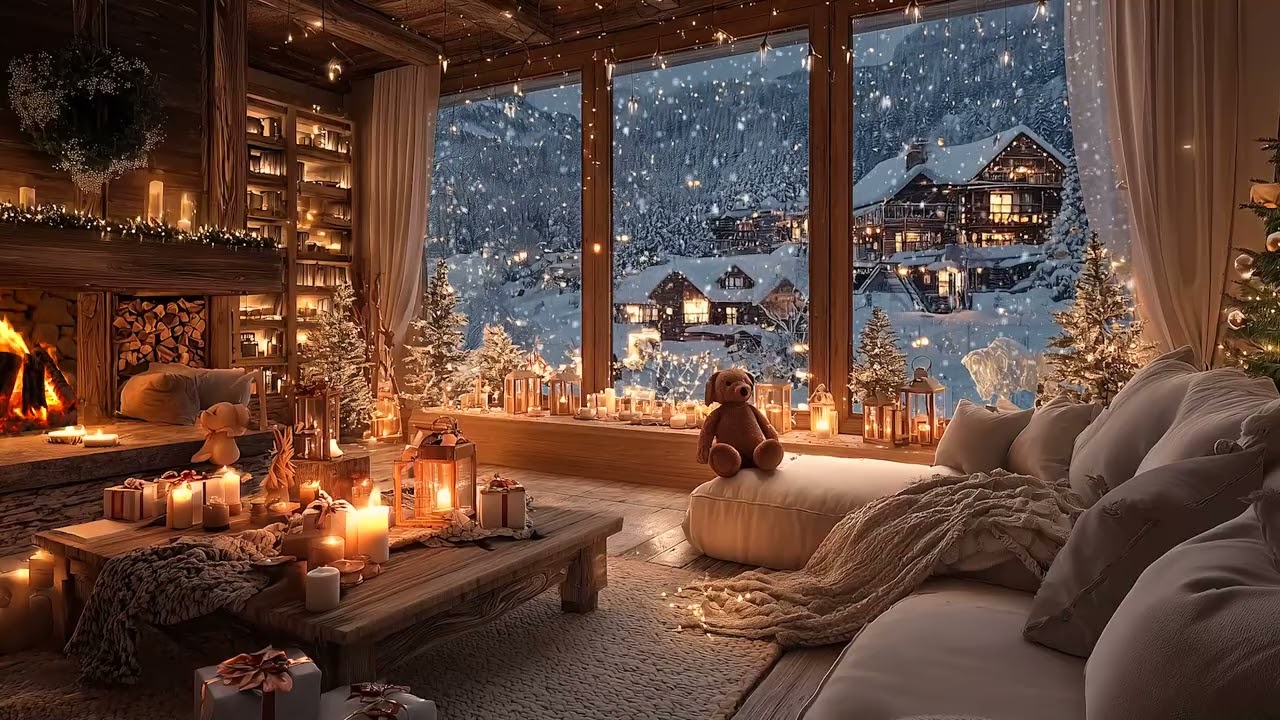Warm Fireplace & Soft Piano Music  Relaxing Holiday Ambience with Snowfall
