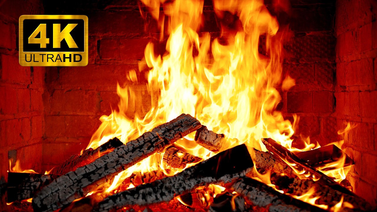 🔥 Уютный зимний камин 4K (12 ЧАСОВ) • Звуки потрескивания огня • Атмосфера снежной ночи