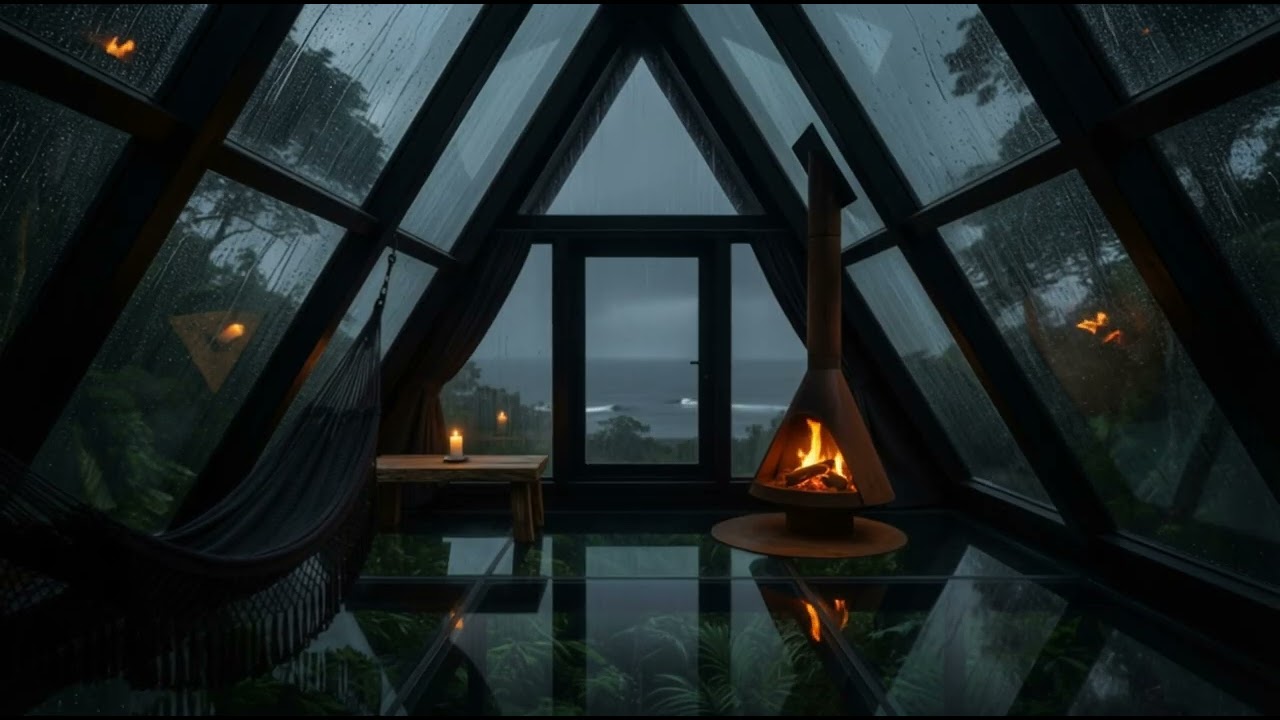 Dark Luxury Glass Treehouse in a Tropical Storm | Rain Ambience & Crackling Fire (10 Hours)