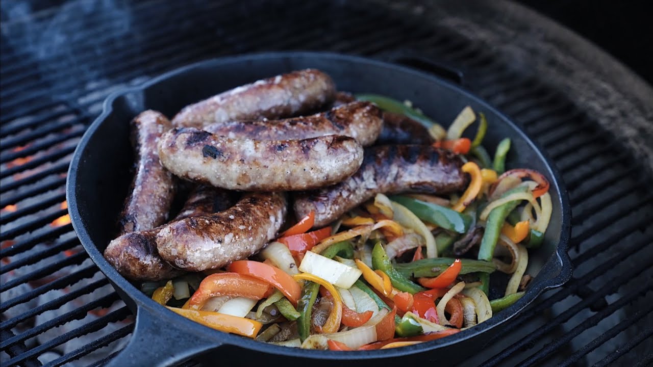Grilled Brats, Sausages, Peppers and Onions | Weber Grill Kettle | Cast Iron Pan