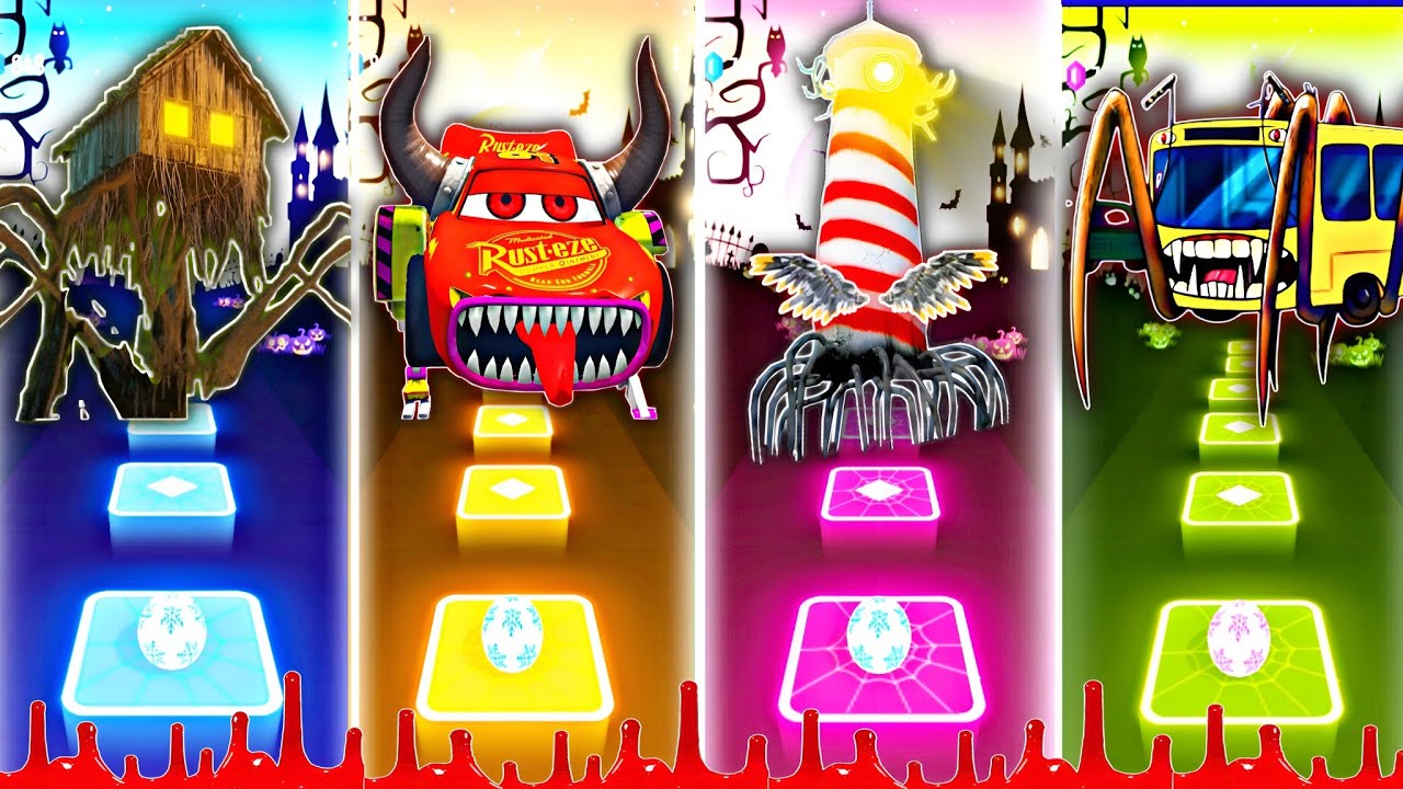 Bus Eater vs Spider HouseHead vs Lighthouse Monster vs Lightning Mcqueen Eater | Tiles Hop EDM Rush