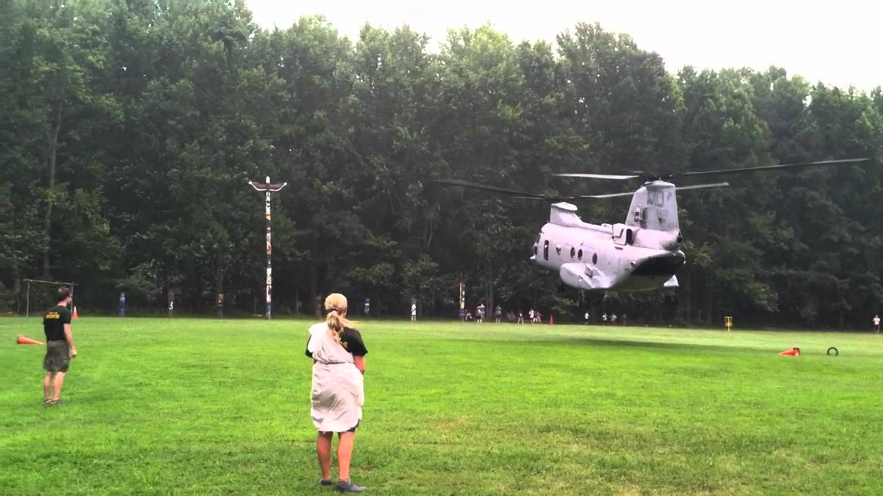USMC CH-46E Sea Knight Helicopter Lands At Pipsico BSA