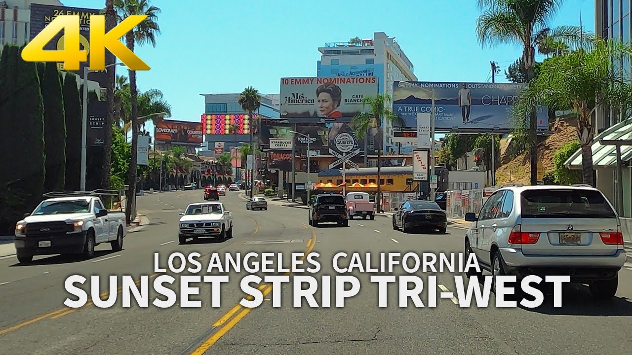 LOS ANGELES - Driving Sunset Strip, Santa Monica Blvd, La Cienega Blvd, California, USA, 4K UHD