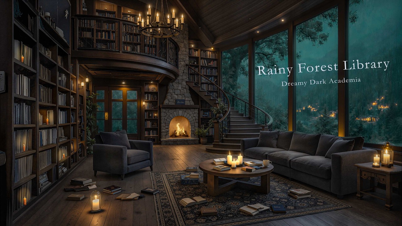 You’re Lost in a Spring Rainy Forest Library as Distant Castle Lights Glow | Dark Academia Ambience
