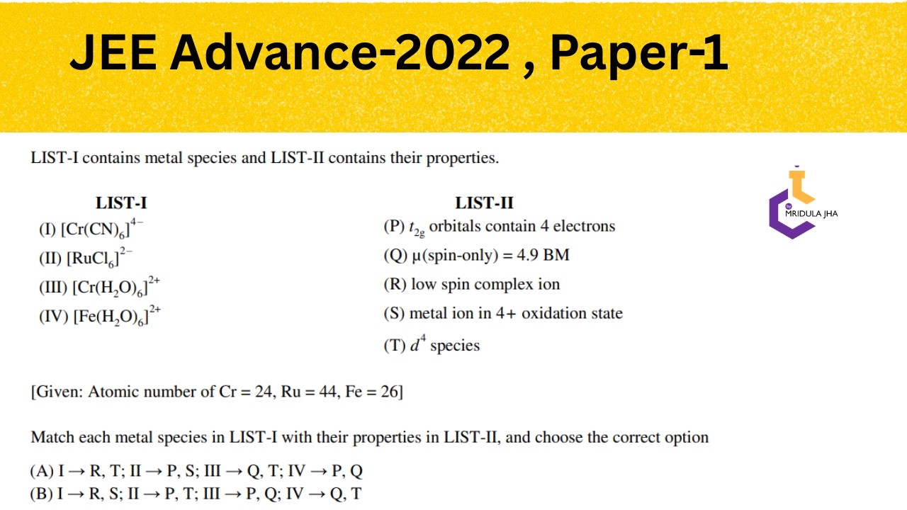 LIST-I contains metal species and LIST-II contains their properties..| JEE Adv-2022