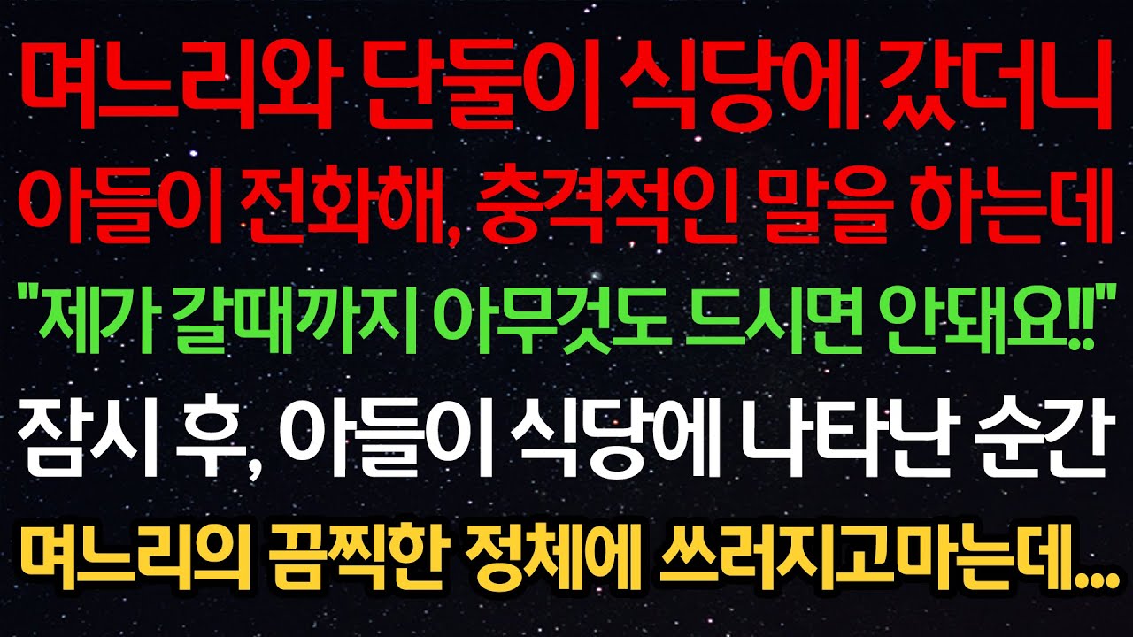 실화사연-며느리와 단둘이 식당에 갔더니 아들이 전화해 충격적인 말을 하는데 “제가 갈때까지 아무것도 드시면 안돼요!” 아들이 식당에 나타난 순간 며느리의 끔찍한 정체에 쓰러지는데