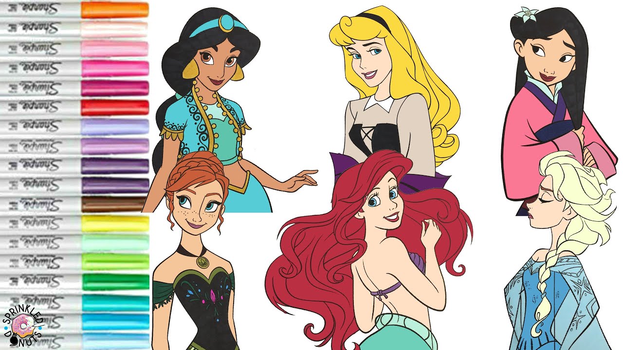 Disney Princess Coloring Book Compilation Anna Elsa Ariel Mulan Aurora and Jasmine