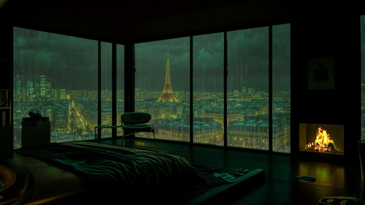 Rainy Paris Night Ambience | Cozy Bedroom with Fireplace & Eiffel Tower City View