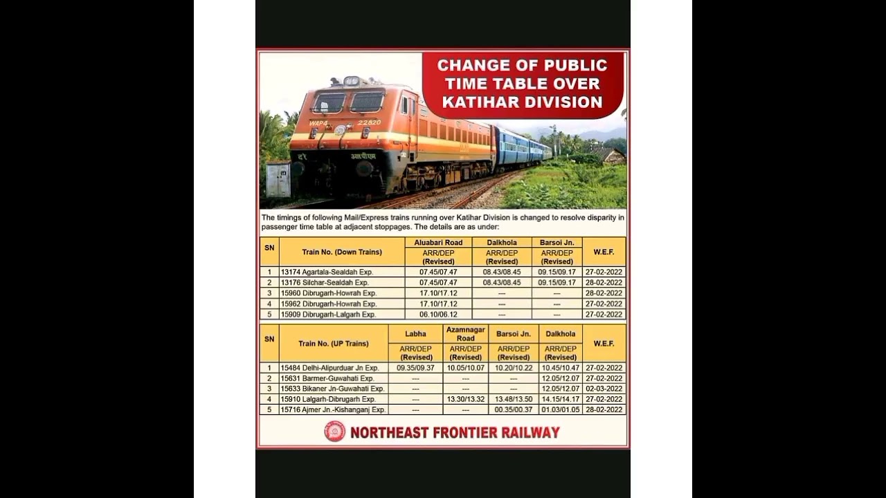 Northeast Frontier railway time table changes and more..