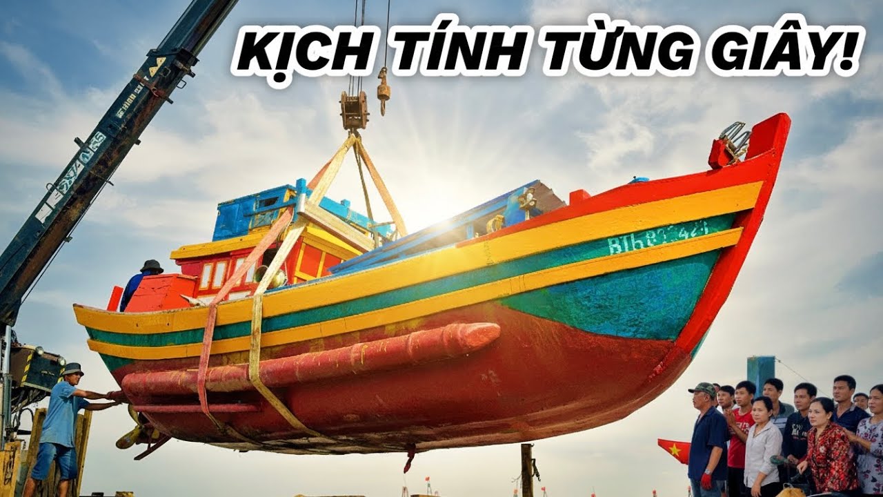Nghẹt Thở! Cẩu Ghe Treo Lơ Lửng Giữa Cảng Biển La Gi. Chỉ Sai Một Ly Là Rớt, Ai Cũng Hồi Hộp !