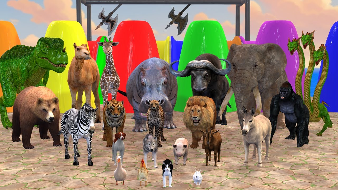 Lion Tiger Gorilla Cheetah Dinosaur Elephant Crossing the Fountain and Escaping Cartoon