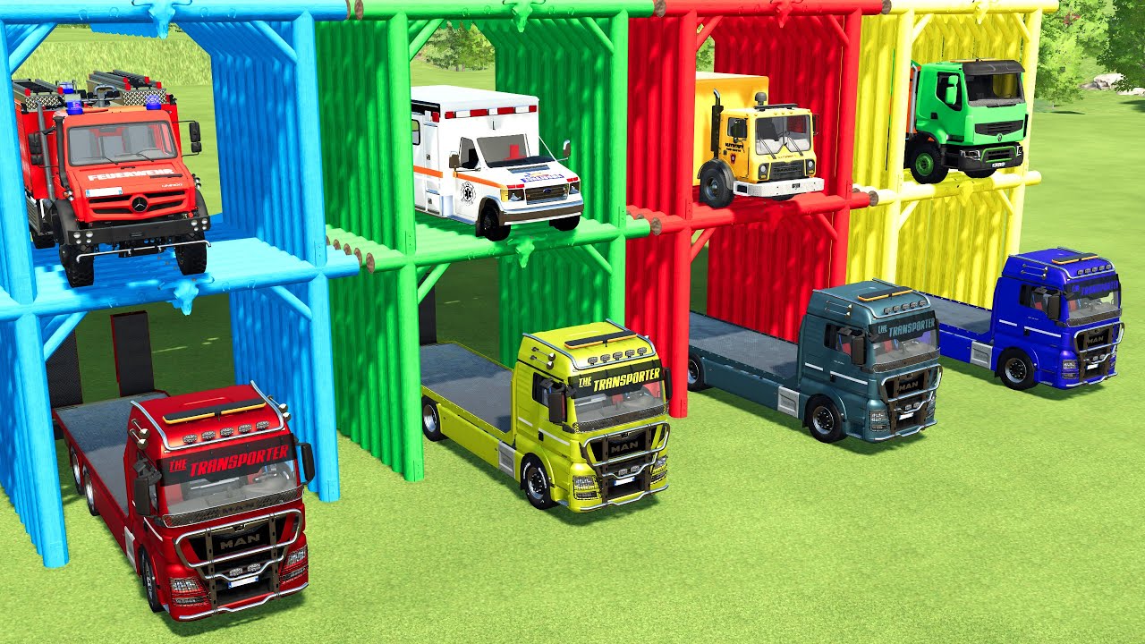 TRANSPORTING MIXER TRUCK, AMBULANCE, FIRE TRUCK, POLICE CARS TO GARAGE | FS22 SIMULATOR 22