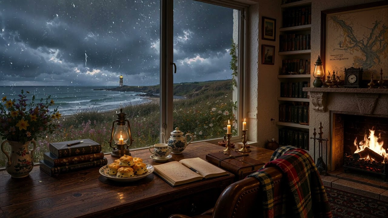 Cozy Scottish Cottage Library Ambience: Stormy Rain, Crackling Fireplace & Mournful Celtic Folk