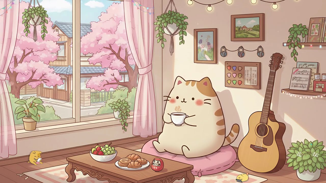 Cozy Spring Morning with Pusheen ☕🐱 | Cherry Blossoms, Warm Room & Chill Lofi Music