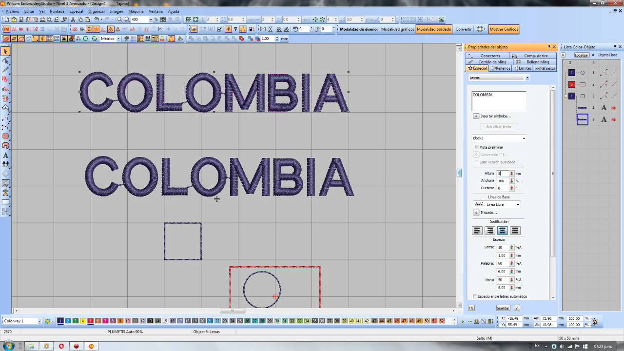 Wilcom EmbroideryStudio e2.0 como combinar colores. y hacer letras de colores