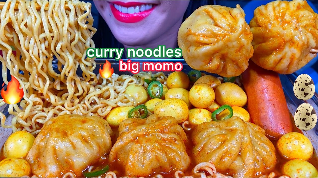 ASMR SPICY CURRY NOODLES, BIG CHICKEN MOMO, EGGS, SAUSAGE  CHILI MASSIVE Eating Sounds