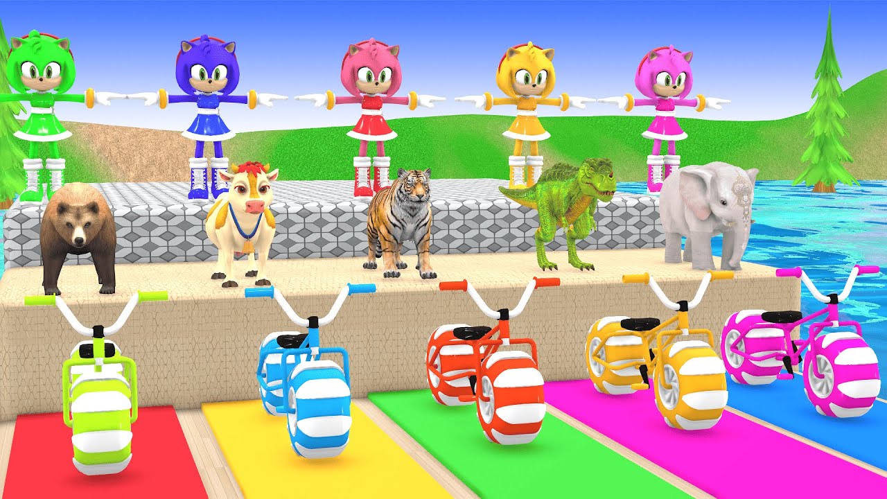 Long Slide Game with Cow, Elephant, Gorilla, Dinosaur & Lion | Funny Animora 3D Game 🐄🐘🦍🦖🦁