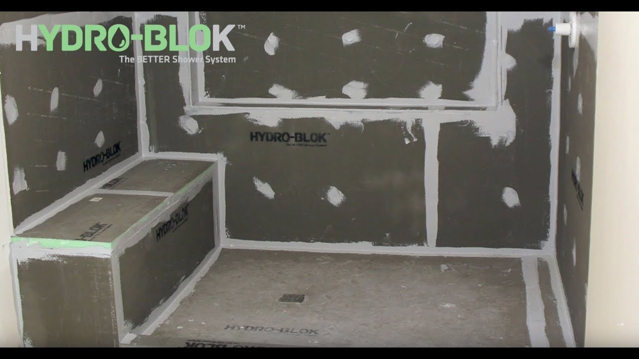 HYDRO-BLOK 4x7 Shower Installation - Center Drain Shower Pan and Custom Niche & Bench