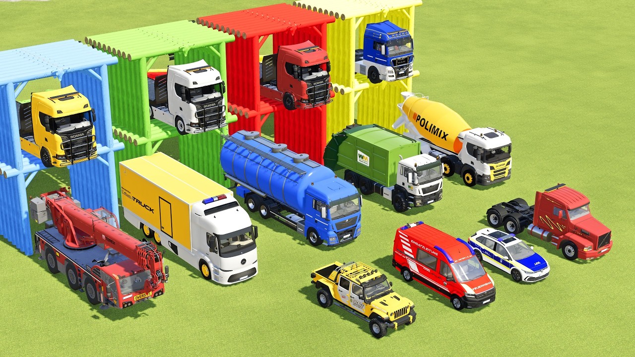 TRANSPORTING FIRE TRUCK, POLICE CARS, DUMP TRUCK, BOX TRUCK, SCANIA BUS , MAN TRUCK -  FS22