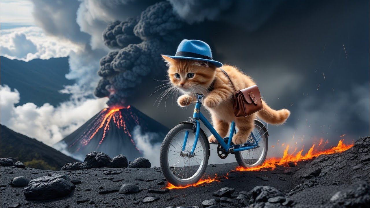 Blue Hat Kitten Traps in Volcano 🚲🌋|  He Stucks On The Mission Towards Mount Fuji | #kitten #cat #ai