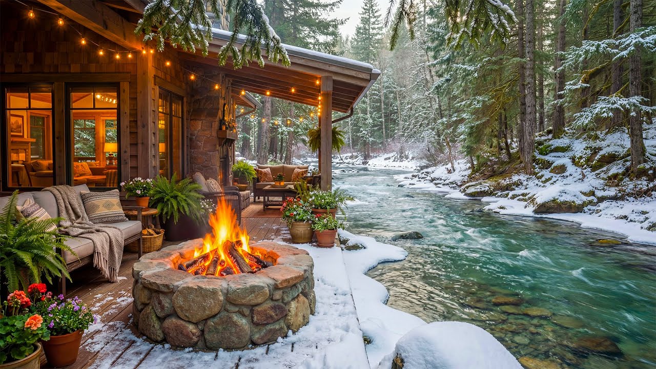 Peaceful Winter Forest Riverside Cabin Porch 🌲🔥 Fire Pit Ambience, Calm Water & Nature Sounds