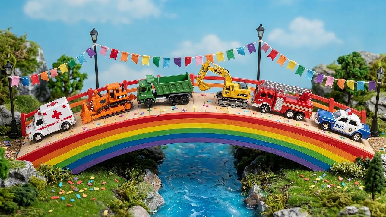 Toy Truck Rescue Team Learn Colors with Street Vehicles! 🚒🚓 Rainbow Bridge Song
