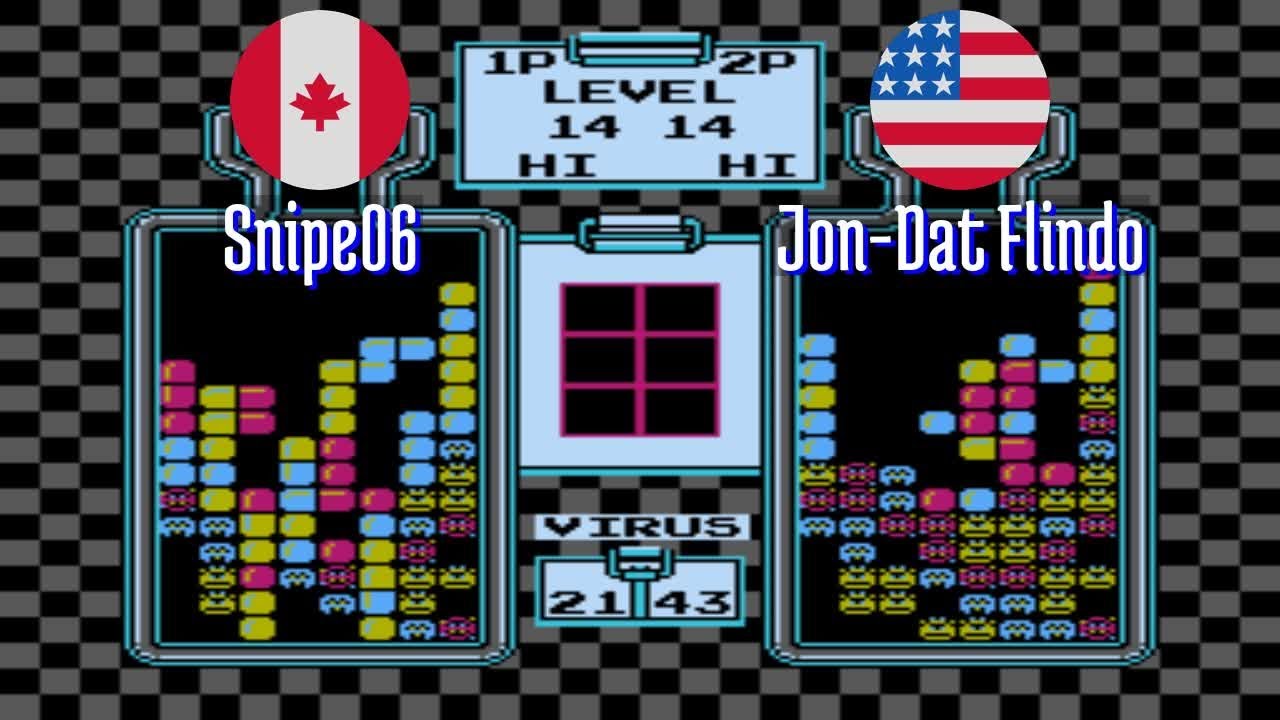 FT2 @nes_drmario: Snipe06 (CA) vs Jon-Dat Flindo (US) [Dr. Mario NES Fightcade] Feb 26