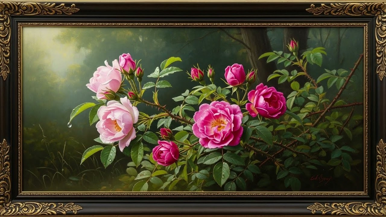Framed Tv Art Screensaver Painting | Wild Roses | Oil Painting | 10 Hours | TV Wallpaper