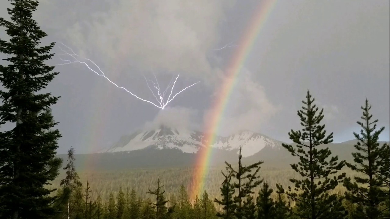 Mt. Thielsen Double Rainbow Lightning Strike!!! (lightning strikes start at 1:50)