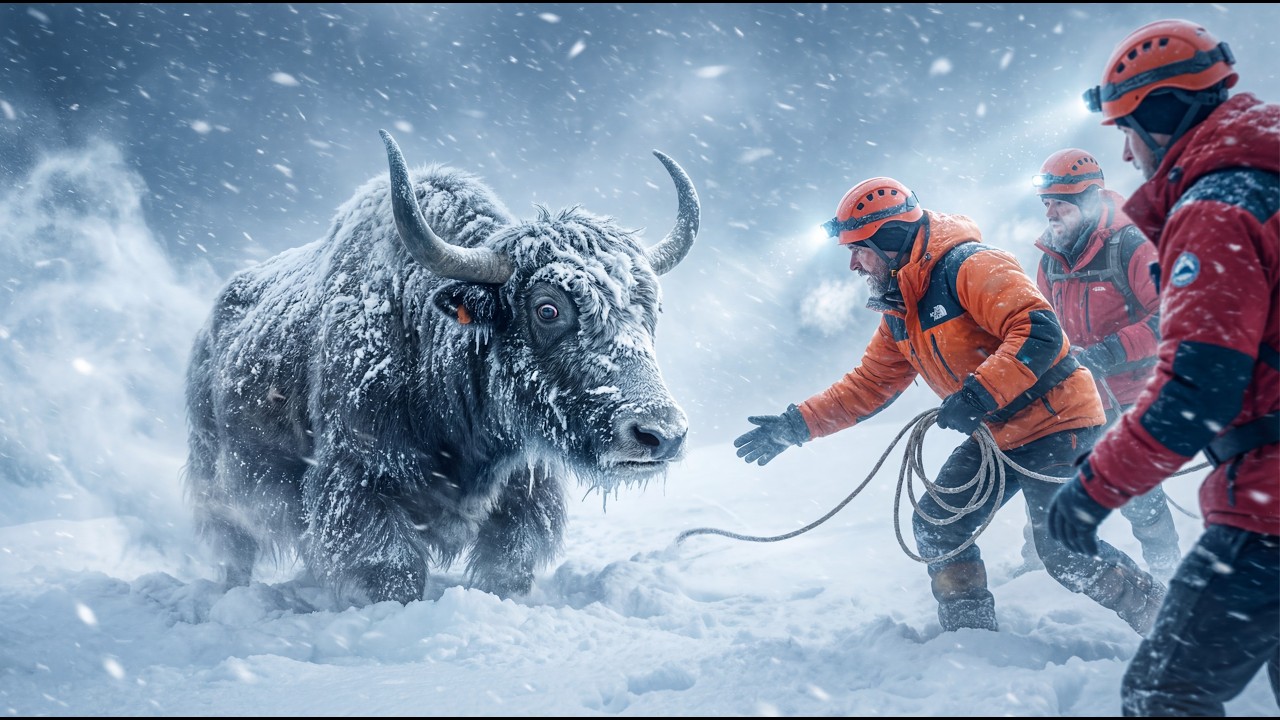 Frozen Yak Fighting for Life in Deep Snow