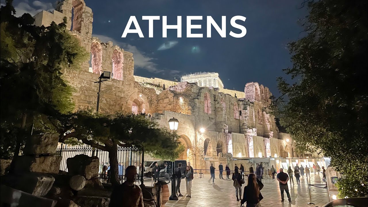 Афины, Греция ночью 🇬🇷 Прогулка по истории и современной жизни • 4K HDR