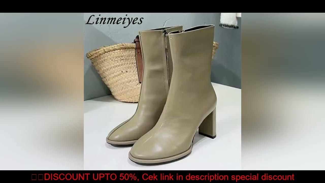 Luxury Genuine Leather Short Boots Women High Heels Runway Shoes Woman Round Toe Square Heels Ankle