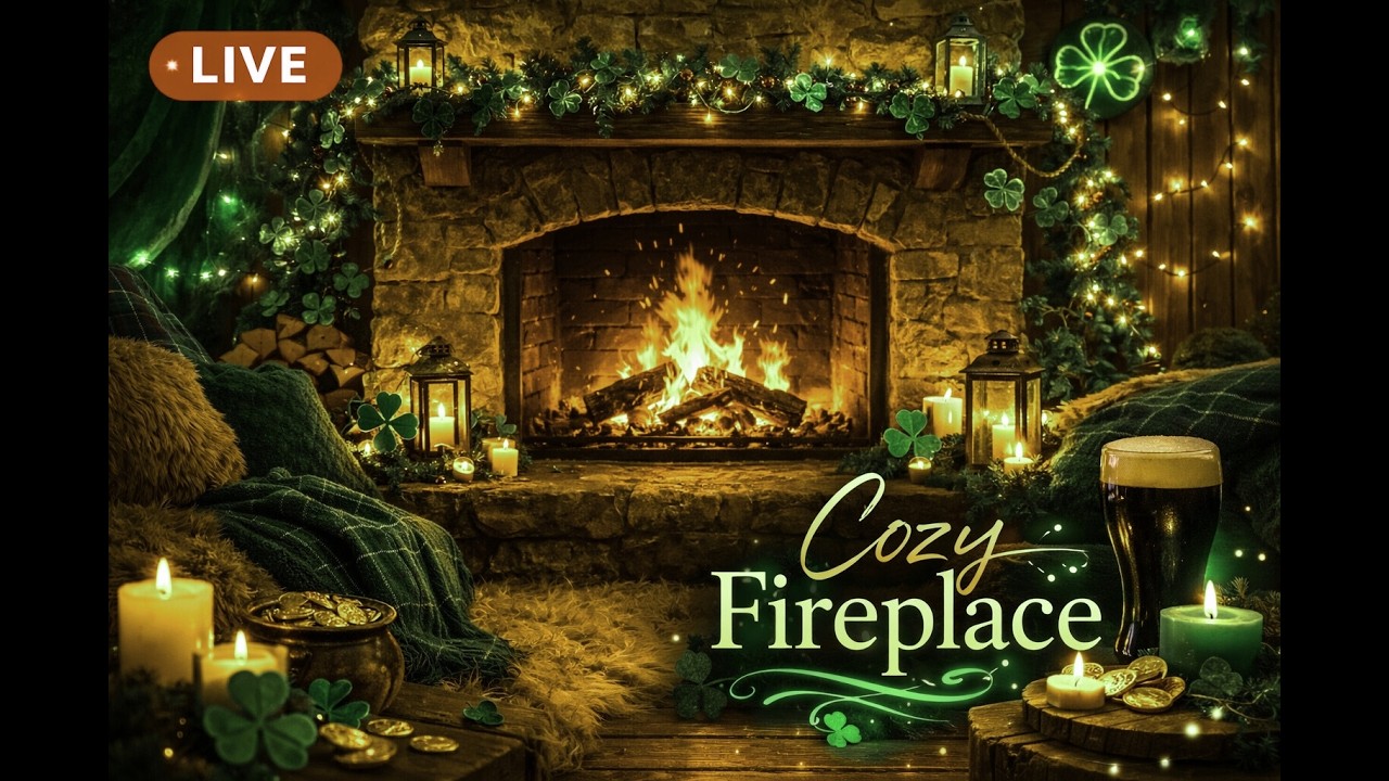 Cozy Fireplace 🔥 St. Patrick’s Day Ambience | Crackling Fire Sounds for Sleep (Live)