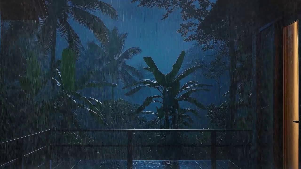 Instant Sleep with Calm Rainfall and Low Thunder Murmur at Wooden Cabin Terrace 🌧️
