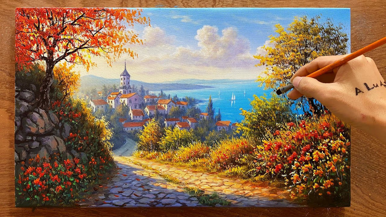 Draw a landscape of a seaside village /#86/ Acrylic landscape painting / A Lu Art