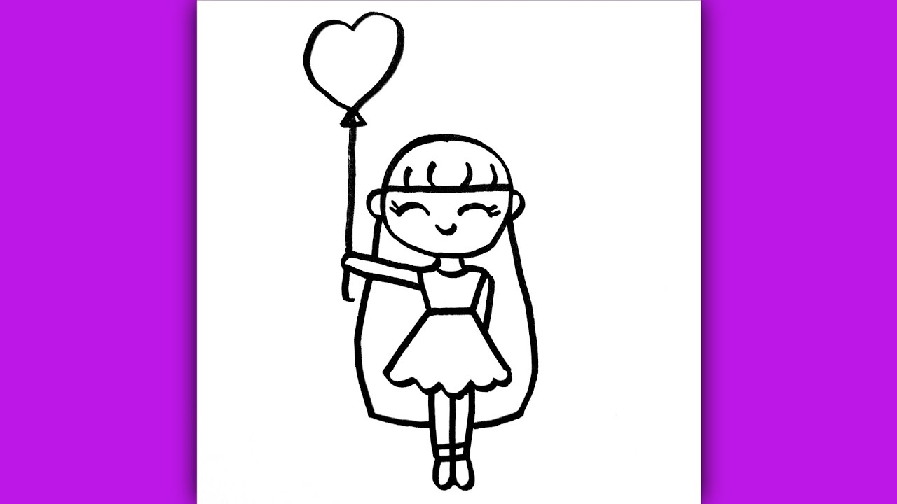 Super Easy Drawing of a Cute Girl Holding a Balloon for Kids