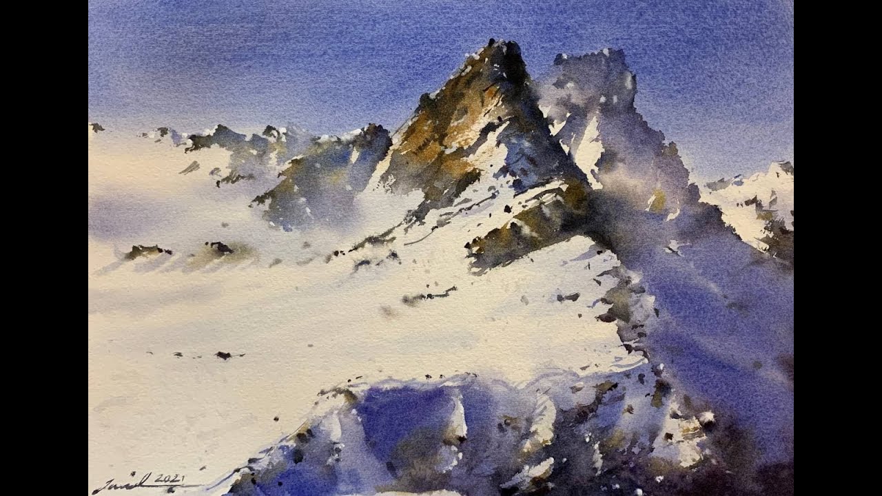How to paint snowy mountain in watercolor painting demo by javid tabatabaei