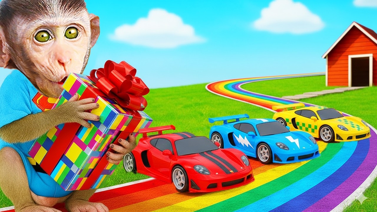 Monkey Baby Mimi Gets a Mysterious Box Then a Rainbow Car Race! 🌈🚗 Mimi Monkey Life
