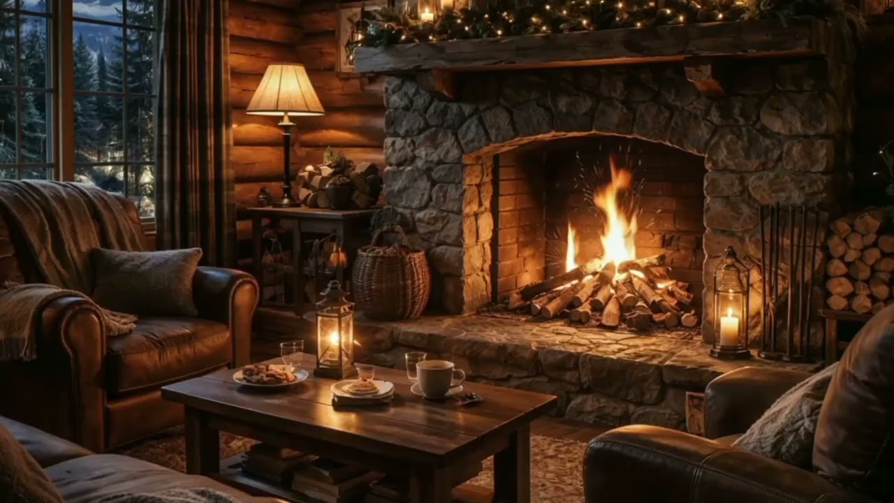 Cozy Fireplace Ambience in a Rustic Cabin at Night Relaxing Fire Sounds for Sleep,Study & Relaxation