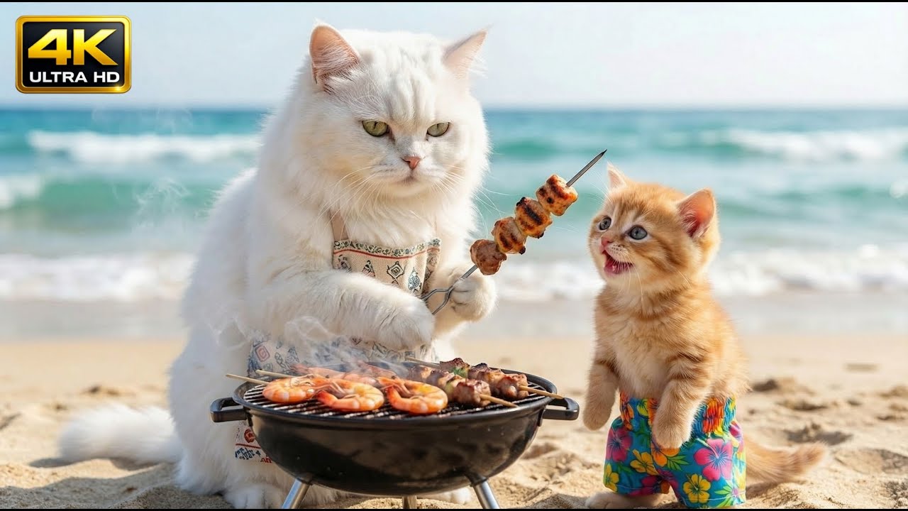 Cute Overload: Mom Cat & Kitten's First Beach BBQ Party! 🍢🌊