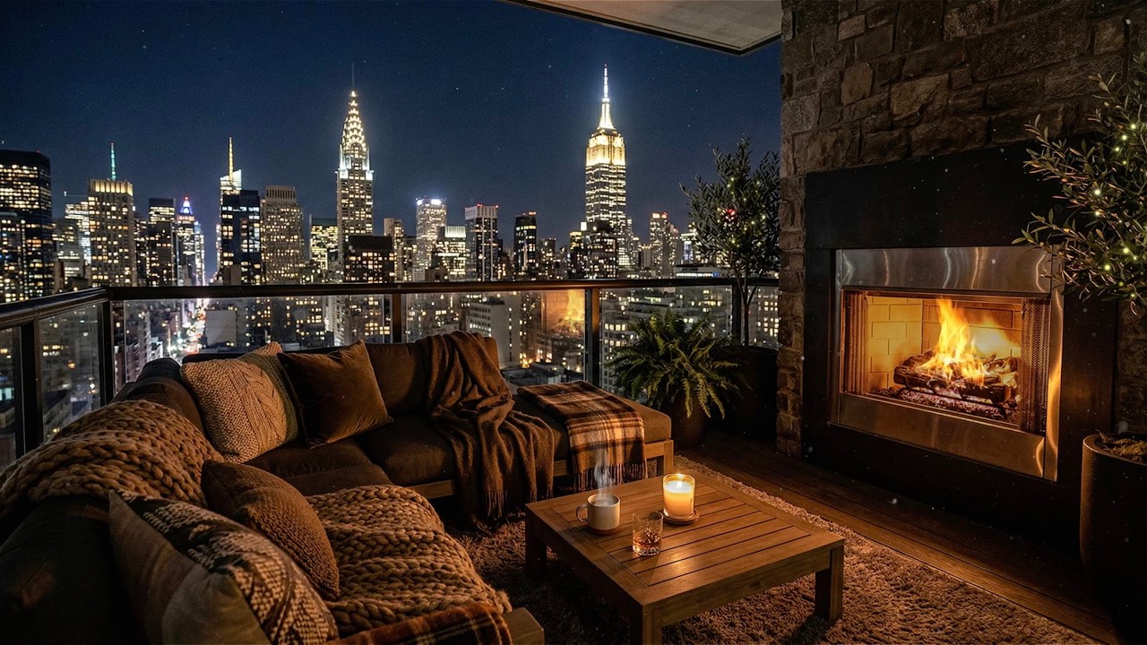 Cozy New York City Spring Night Balcony Ambience to Sleep, Work, Focus 😴🎧🌃(Cricket, Fireplace Sound)