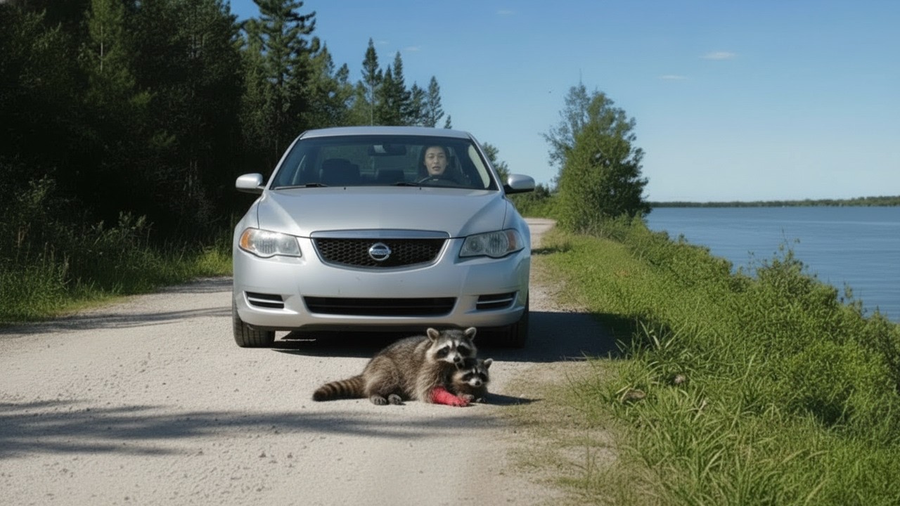 Saving an injured raccoon and its cub on a forest road.