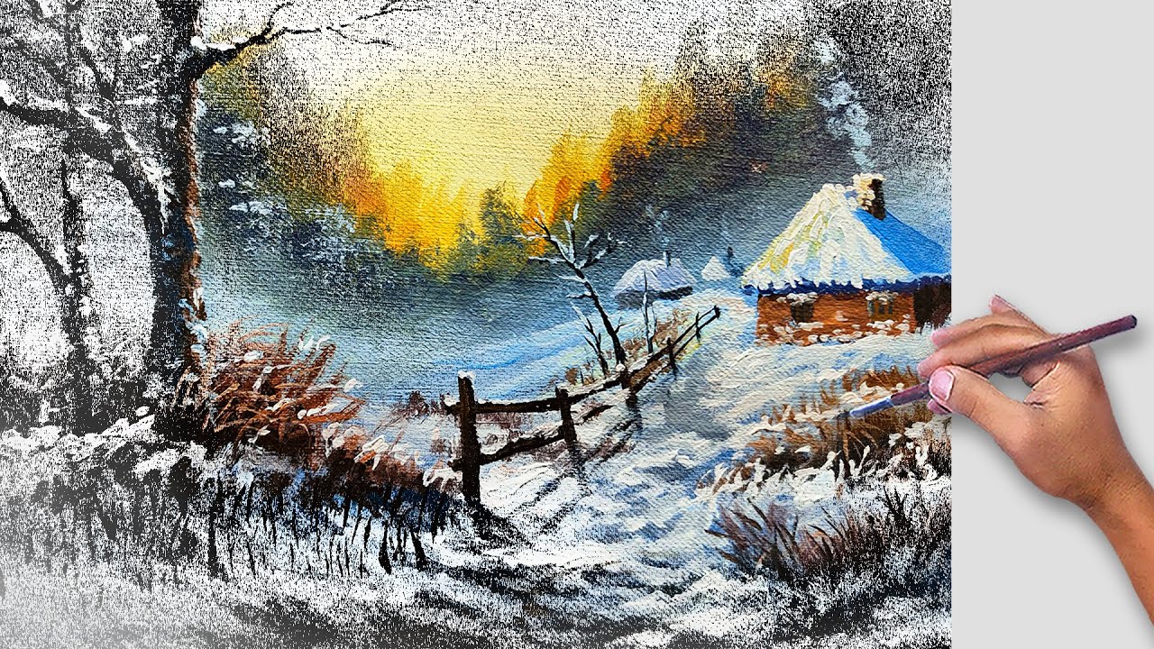 Acrylic Winter Landscape Painting Time-Lapse / Village during Golden Hour Sunset / Fine Art