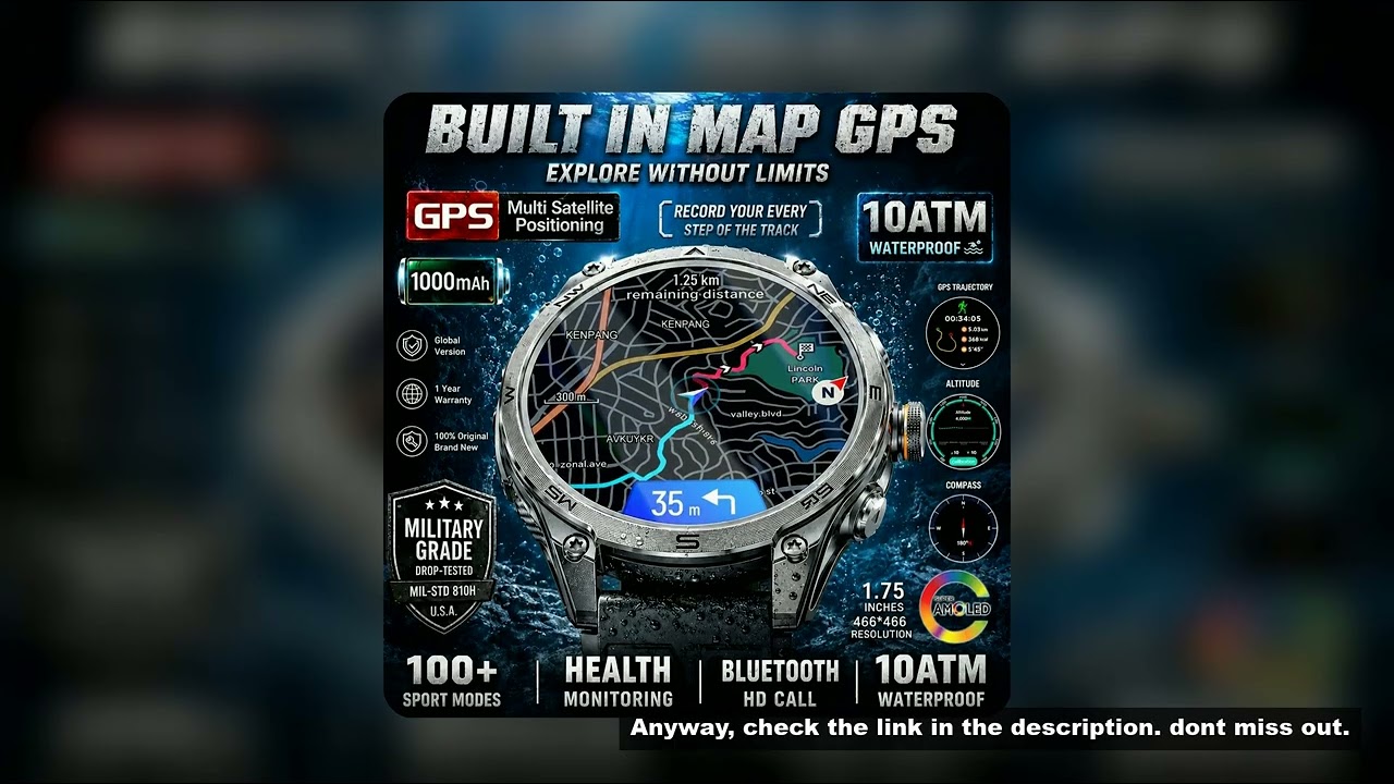 Military Grade Built?in Map GPS Smart Watch 10ATM Waterproof 1000mAh 1.75