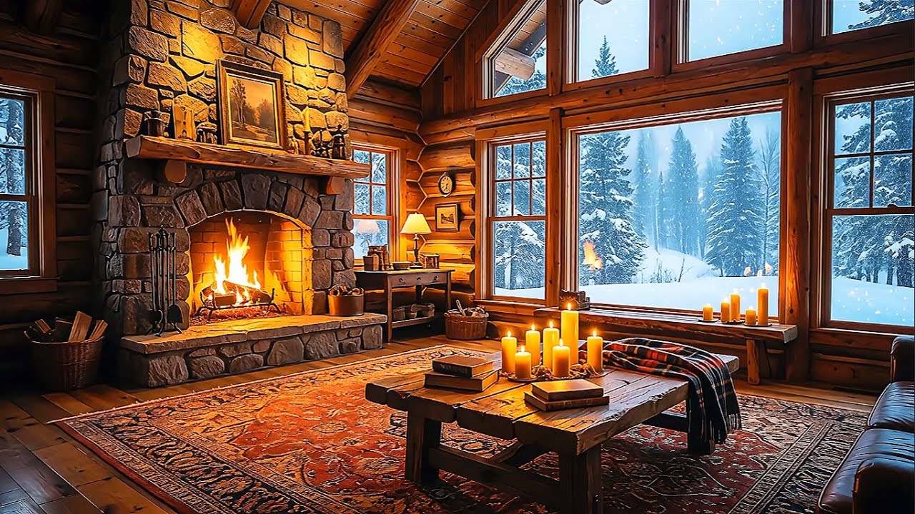 Cozy Winter Cabin Fireplace 🎄 Peaceful Music, Warm Fireplace & Falling Snow for Relaxation