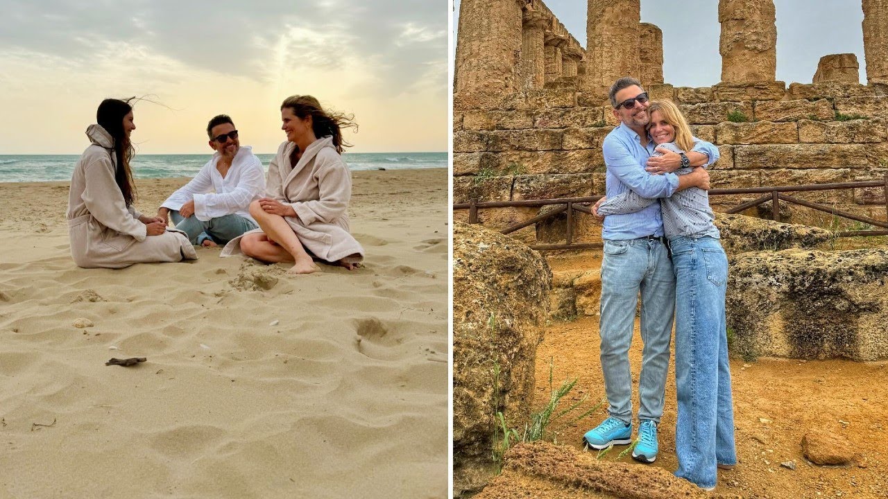 Filippa Lagerback con Daniele Bossari e la figlia Stella fanno il primo bagno dell'anno in Sicilia