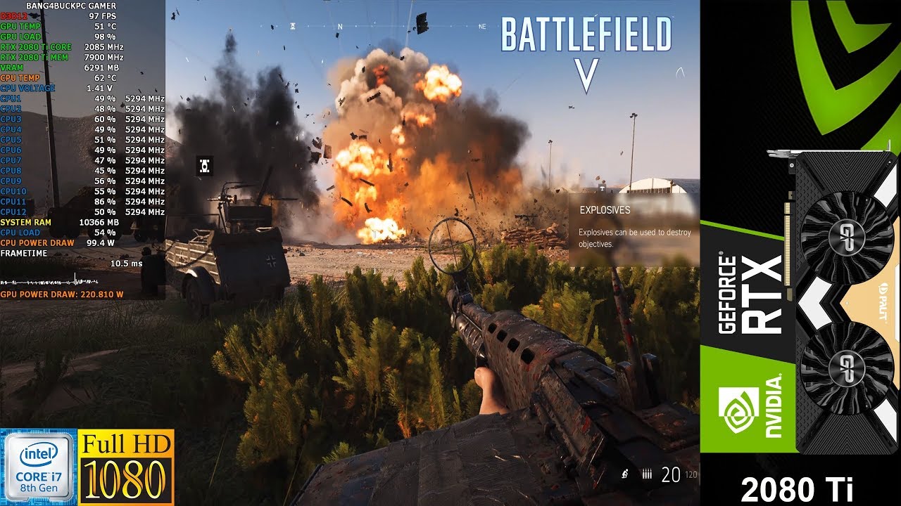 Battlefield V Ultra Settings, DXR Ray Trace Reflections Ultra 1080p | RTX 2080 Ti | i7 8700K 5.3GHz