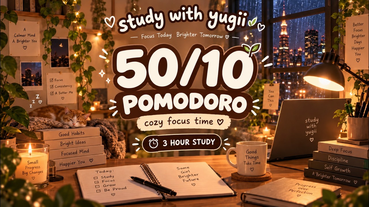 50/10 Pomodoro Timer 📚 3 Hour Study With Me | Cozy Rainy Night | Study with YuGii