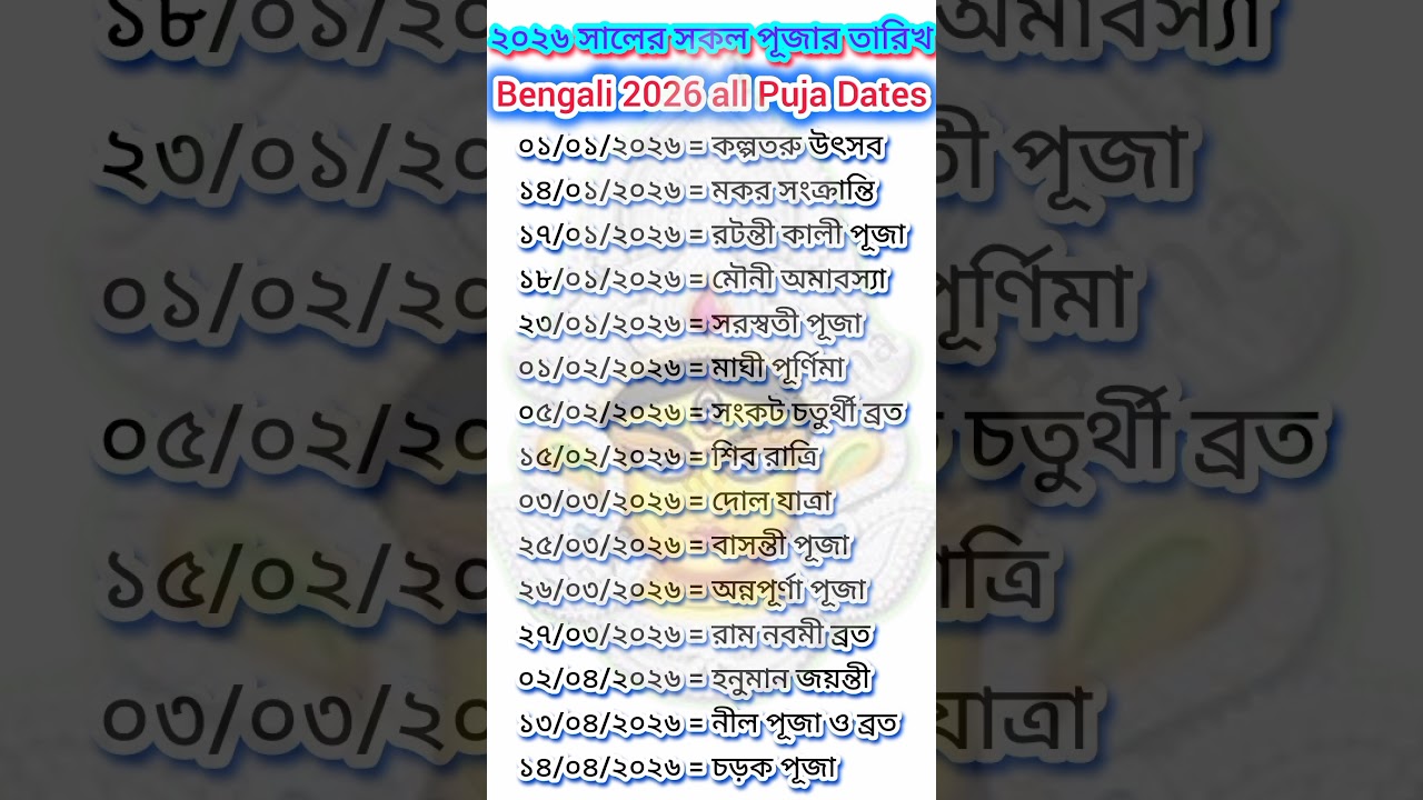 2026 all puja Dates | Hindu retuals date 2026 | ২০২৬ সালের সকল পূজার তারিখ |
