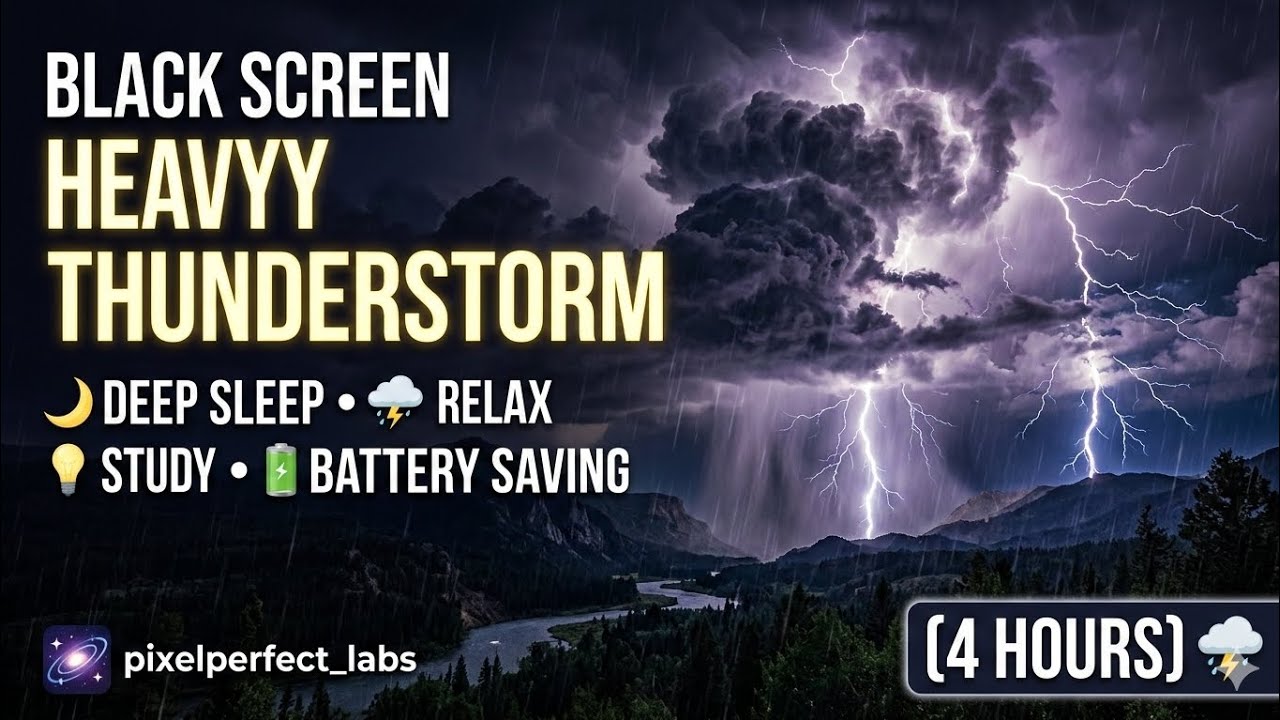 4 Hours Continuous Thunderstorm for Deep Sleep | Pure Black Screen